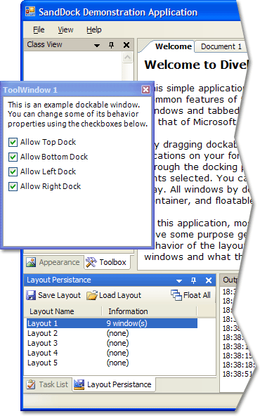 SandDock Commercial screenshot - SandDock is a powerful window layout engine designed to quickly and easily add advanced document paging and dockable windows functionality